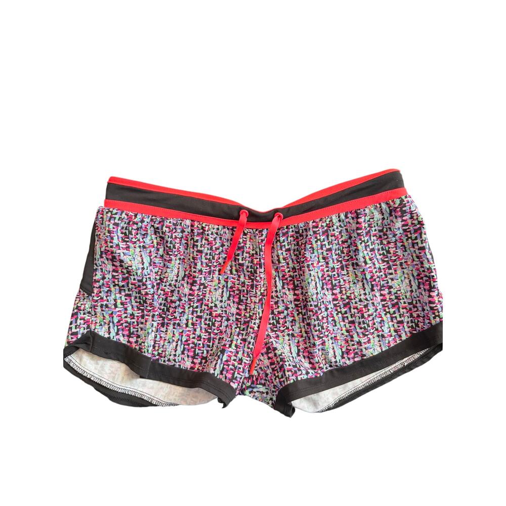 Women’s Size M Colorful Abstract Print Athletic Shorts Red Drawstring Zip Pocket